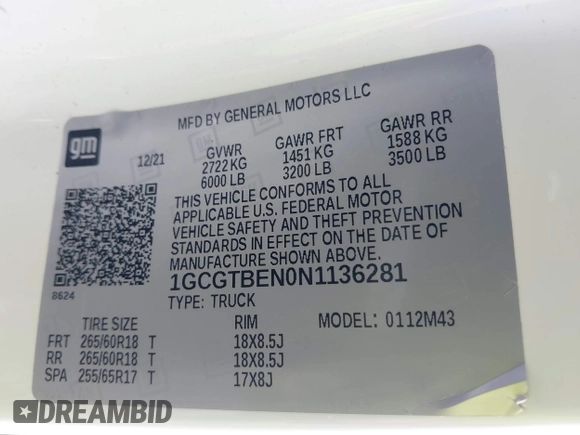 2022 Chevrolet Colorado 4WD Work Truck with VIN 1GCGTBEN0N1136281, listed as a IAAI auction lot 42258405 with 56,863 mi miles and . Bid and sale history available at DreamBid. Image 9.