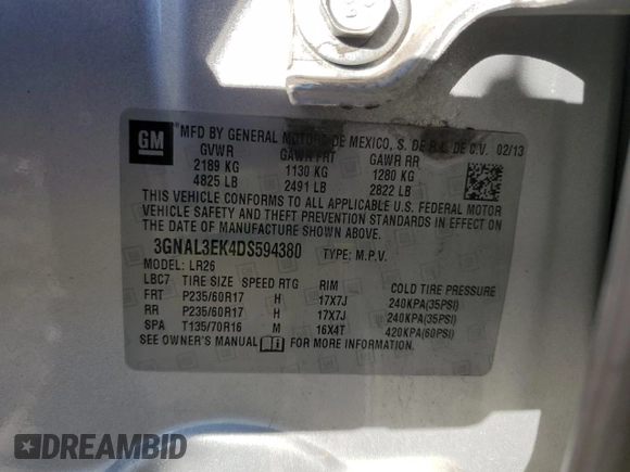2013 Chevrolet Captiva Sport LT with VIN 3GNAL3EK4DS594380, listed as a Copart auction lot 77171654 with 134,429 mi miles and Salvage Title. Bid and sale history available at DreamBid. Image 13.
