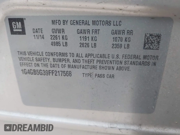 2015 Buick LaCrosse Leather with VIN 1G4GB5G39FF217568, listed as a IAAI auction lot 42159631 with 149,342 mi miles and . Bid and sale history available at DreamBid. Image 9.