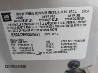 2005 Buick Rendezvous with VIN 3G5DA03E35S505091, listed as a IAAI auction lot 42109438 with 145,251 mi miles and . Bid and sale history available at DreamBid. Image 9.