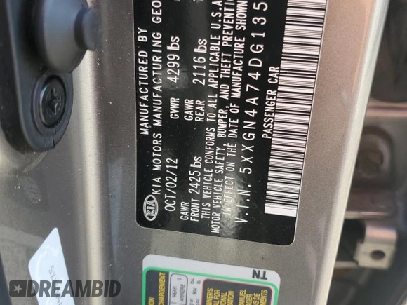 2013 Kia Optima EX with VIN 5XXGN4A74DG135084, listed as a Copart auction lot 53821085 with 97,848 mi miles and Salvage Title. Bid and sale history available at carsss.com. Image 12.