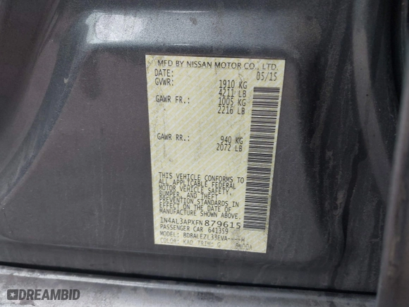 2015 Nissan Altima 2.5 with VIN 1N4AL3APXFN879615, listed as a IAAI auction lot 41922977 with 114,684 mi miles. Bid and sale history available at carsss.com. Image 9.