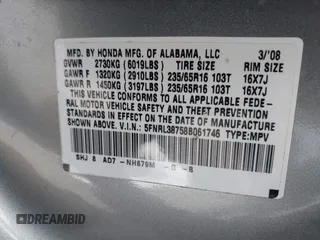 2008 Honda Odyssey EX-L with VIN 5FNRL38758B061746, listed as a IAAI auction lot 41429481 with 109,428 mi miles and . Bid and sale history available at DreamBid. Image 9.