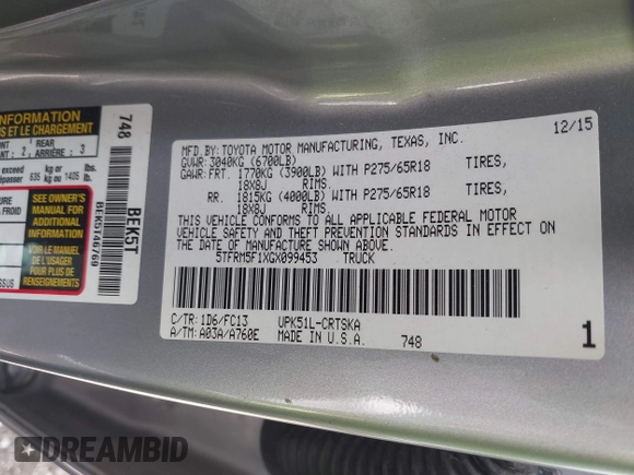 2016 Toyota Tundra SR z VIN 5TFRM5F1XGX099453, wystawiony jako IAAI lot #42492840 z przebiegiem 54 060 mil mil oraz . Historia ofert i sprzedaży dostępna na DreamBid. Obrazek 9.