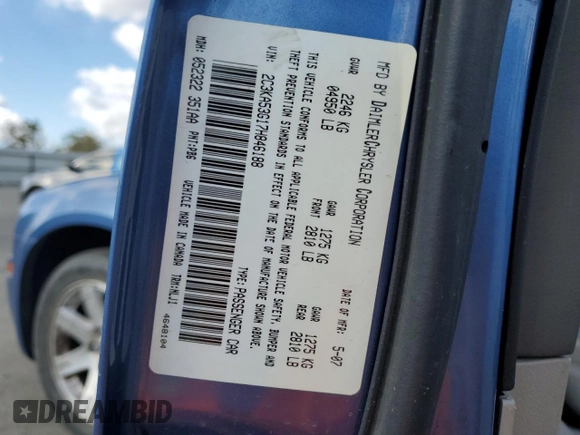 2007 Chrysler 300 Signature with VIN 2C3KA53G17H846188, listed as a Copart auction lot 78549034 with 121,198 mi miles and Clean Title. Bid and sale history available at carsss.com. Image 12.