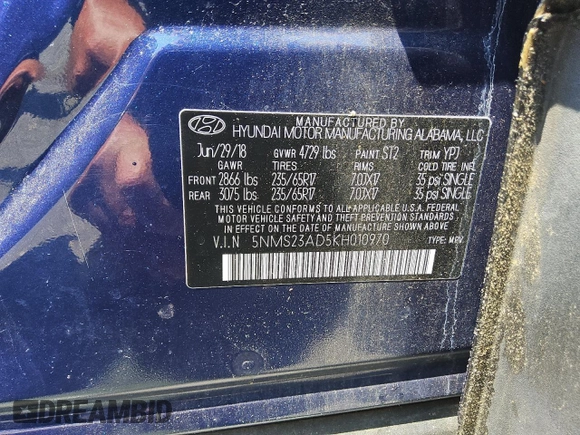 2019 Hyundai Santa Fe SE with VIN 5NMS23AD5KH010970, listed as a Copart auction lot 62312925 with 80,017 mi miles and Clean title. Bid and sale history available at DreamBid. Image 13.