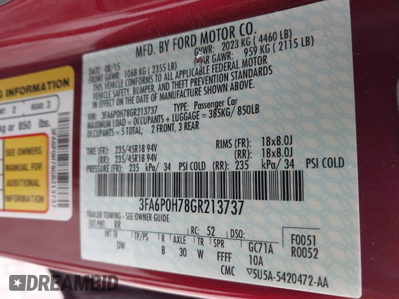 2016 Ford Fusion SE with VIN 3FA6P0H78GR213737, listed as a IAAI auction lot 41908480 with 88,431 mi miles and . Bid and sale history available at DreamBid. Image 9.