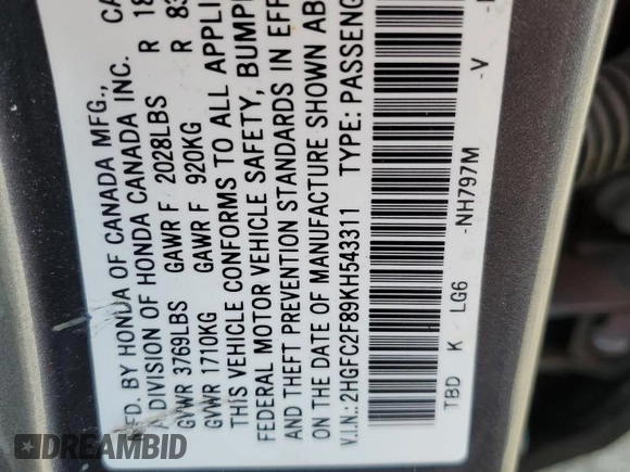 2019 Honda Civic Sport with VIN 2HGFC2F89KH543311, listed as a Copart auction lot 85769134 with 33,509 mi miles and Salvage Title. Bid and sale history available at DreamBid. Image 12.