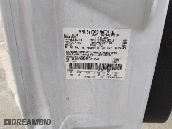 2014 Ford F-150 XL с VIN 1FTMF1CMXEKF21047, выставлен на аукционе Copart как лот 54858515 с пробегом 180 045 миль миль и Чистый • Clean title. История ставок и продаж доступна на DreamBid. Изображение 12.
