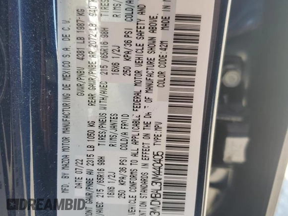 2022 Mazda CX-30 S with VIN 3MVDMBAL3NM440405, listed as a Copart auction lot 42310475 with 40,920 mi miles and Salvage title. Bid and sale history available at DreamBid. Image 12.