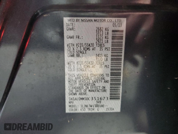 2013 Infiniti JX35 with VIN 5N1AL0MM5DC351673, listed as a Copart auction lot 72179644 with 125,038 mi miles and Salvage Title. Bid and sale history available at carsss.com. Image 13.