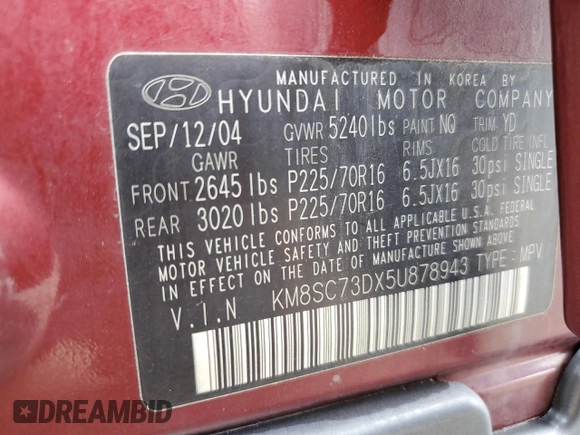 2005 Hyundai Santa Fe GLS with VIN KM8SC73DX5U878943, listed as a Copart auction lot 61337024 with 127,857 mi miles and Salvage Title. Bid and sale history available at carsss.com. Image 13.
