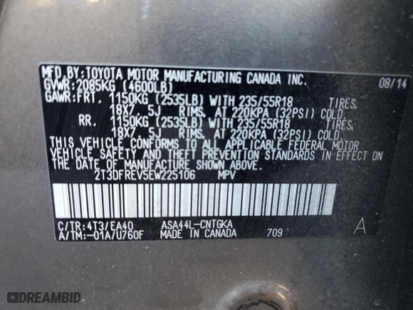 2014 Toyota RAV4 Limited with VIN 2T3DFREV5EW225106, listed as a Copart auction lot 50429785 with 63,479 mi miles and Salvage Title. Bid and sale history available at carsss.com. Image 15.