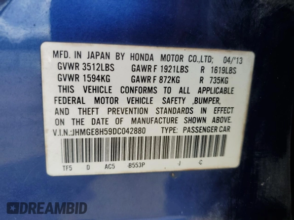 2013 Honda Fit Sport с VIN JHMGE8H59DC042880, выставлен на аукционе Copart как лот 53024405 с пробегом 102 662 миль миль и Списание • Salvage title. История ставок и продаж доступна на DreamBid. Изображение 12.