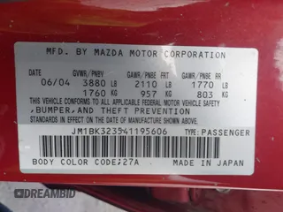 2004 Mazda 3 s z VIN JM1BK323541195606, wystawiony jako IAAI lot #42357383 z przebiegiem 172 727 mil mil oraz . Historia ofert i sprzedaży dostępna na DreamBid. Obrazek 9.