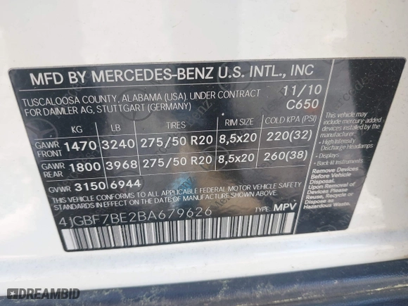 2011 Mercedes-Benz GL-Class GL 450 with VIN 4JGBF7BE2BA679626, listed as a IAAI auction lot 41937523 with 112,808 mi miles. Bid and sale history available at carsss.com. Image 9.