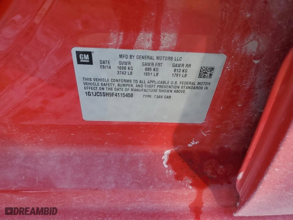 2015 Chevrolet Sonic LT with VIN 1G1JC5SH9F4115458, listed as a Copart auction lot 44235025 with 174,442 mi miles and Salvage Title. Bid and sale history available at carsss.com. Image 12.