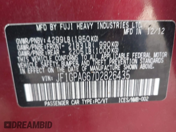 2013 Subaru Impreza Limited with VIN JF1GPAG67D2826435, listed as a IAAI auction lot 41909788 with 147,033 mi miles and . Bid and sale history available at DreamBid. Image 9.