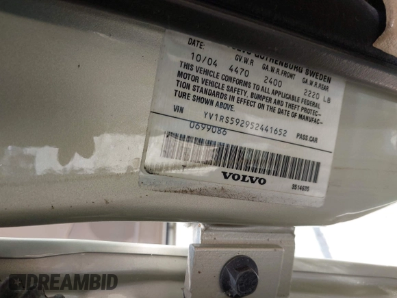 2005 Volvo S60 с VIN YV1RS592952441652, выставлен на аукционе IAAI как лот 42417094 с пробегом 174 894 миль миль и . История ставок и продаж доступна на DreamBid. Изображение 9.