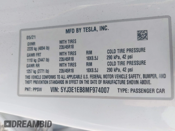 2021 Tesla Model 3 Long Range with VIN 5YJ3E1EB8MF974007, listed as a IAAI auction lot 41915513 with 107,354 mi miles and . Bid and sale history available at carsss.com. Image 9.