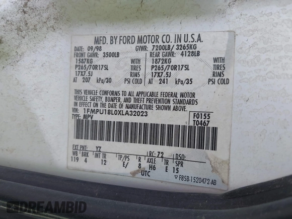1999 Ford Expedition XLT z VIN 1FMPU18L0XLA32023, wystawiony jako IAAI lot #41976697 z przebiegiem Nie podano mil oraz . Historia ofert i sprzedaży dostępna na DreamBid. Obrazek 9.