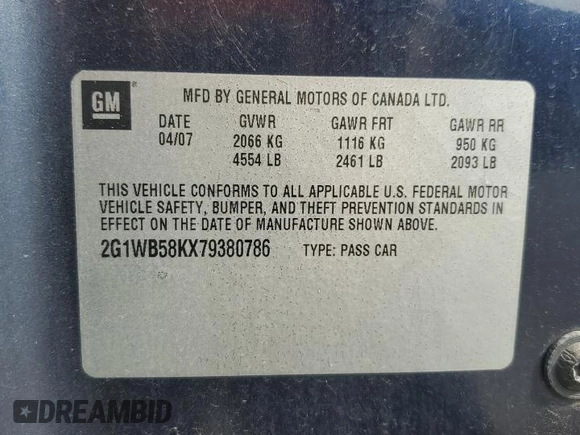 2007 Chevrolet Impala LS z VIN 2G1WB58KX79380786, wystawiony jako Copart lot #55325005 z przebiegiem 188 264 mil mil oraz Szkoda całkowita • Salvage title. Historia ofert i sprzedaży dostępna na DreamBid. Obrazek 13.