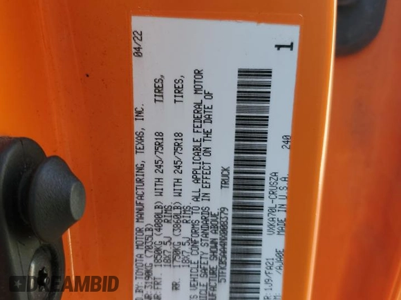 2022 Toyota Tundra SR z VIN 5TFKB5AA4NX008379, wystawiony jako Copart lot #53717915 z przebiegiem 56 199 mil mil oraz Szkoda całkowita • Salvage title. Historia ofert i sprzedaży dostępna na DreamBid. Obrazek 12.
