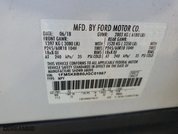 2018 Ford Explorer with VIN 1FM5K8B80JGC01967, listed as a Copart auction lot 44758715 with 0 mi miles and Salvage Title. Bid and sale history available at carsss.com. Image 13.
