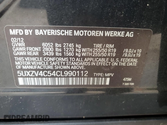 2012 BMW X5 35i with VIN 5UXZV4C54CL990112, listed as a Copart auction lot 59125245 with 142,742 mi miles and Clean title. Bid and sale history available at DreamBid. Image 13.