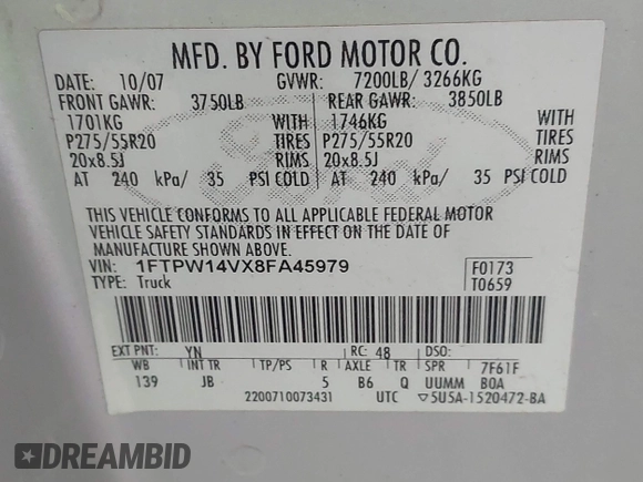 2008 Ford F-150 XLT with VIN 1FTPW14VX8FA45979, listed as a IAAI auction lot 42860336 with 176,463 mi miles and . Bid and sale history available at DreamBid. Image 9.