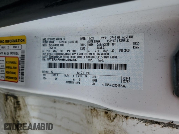 2021 Ford Ranger XL z VIN 1FTER4FH9MLE03687, wystawiony jako Copart lot #59232715 z przebiegiem Nie podano mil oraz Szkoda całkowita • Salvage title. Historia ofert i sprzedaży dostępna na DreamBid. Obrazek 12.