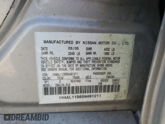 2005 Nissan Altima 2.5 S with VIN 1N4AL11D65N491211, listed as a Copart auction lot 48757295 with 228,339 mi miles and Salvage Title. Bid and sale history available at carsss.com. Image 14.