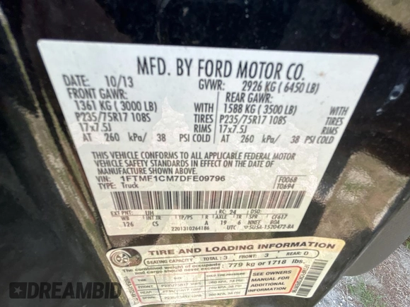2013 Ford F-150 XL with VIN 1FTMF1CM7DFE09796, listed as a Copart auction lot 51871585 with 67,872 mi miles and Clean title. Bid and sale history available at DreamBid. Image 10.