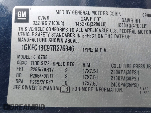 2007 GMC Yukon SLE w/3SA with VIN 1GKFC13C97R276846, listed as a IAAI auction lot 42086120 with 1 mi miles. Bid and sale history available at carsss.com. Image 9.