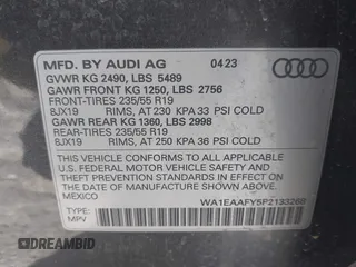 2023 Audi Q5 S line Premium Plus z VIN WA1EAAFY5P2133268, wystawiony jako IAAI lot #42043262 z przebiegiem 21 664 mil mil oraz . Historia ofert i sprzedaży dostępna na DreamBid. Obrazek 9.
