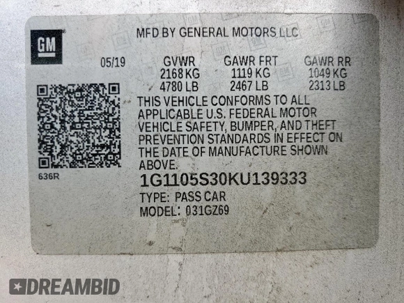 2019 Chevrolet Impala Premier с VIN 1G1105S30KU139333, выставлен на аукционе Copart как лот 57592955 с пробегом 129 793 миль миль и Списание • Salvage title. История ставок и продаж доступна на DreamBid. Изображение 14.