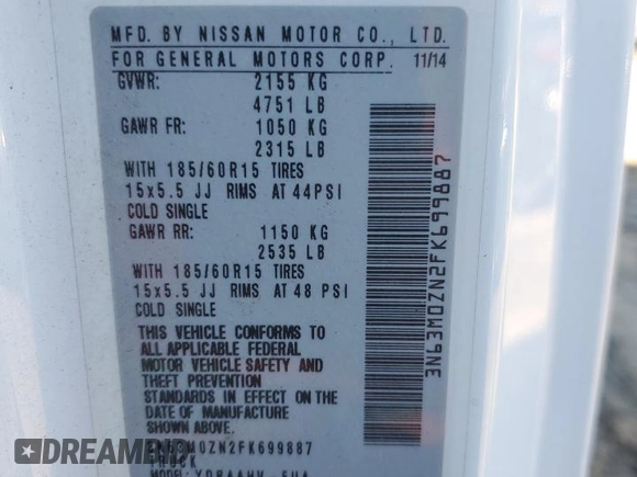 2015 Chevrolet City Express Cargo LT with VIN 3N63M0ZN2FK699887, listed as a Copart auction lot 84759874 with 201,365 mi miles and Clean Title. Bid and sale history available at DreamBid. Image 13.