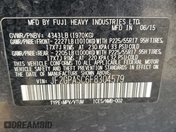 2015 Subaru Crosstrek Limited with VIN JF2GPASC6F8304579, listed as a Copart auction lot 61752685 with 104,697 mi miles and Salvage title. Bid and sale history available at DreamBid. Image 13.