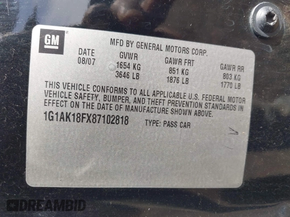 2008 Chevrolet Cobalt LS with VIN 1G1AK18FX87102818, listed as a IAAI auction lot 41376020 with Not Provided miles and . Bid and sale history available at DreamBid. Image 9.