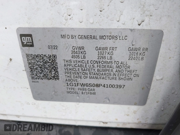 2023 Chevrolet Bolt EV 1LT with VIN 1G1FW6S08P4100397, listed as a IAAI auction lot 42450199 with 106,268 mi miles and . Bid and sale history available at DreamBid. Image 9.