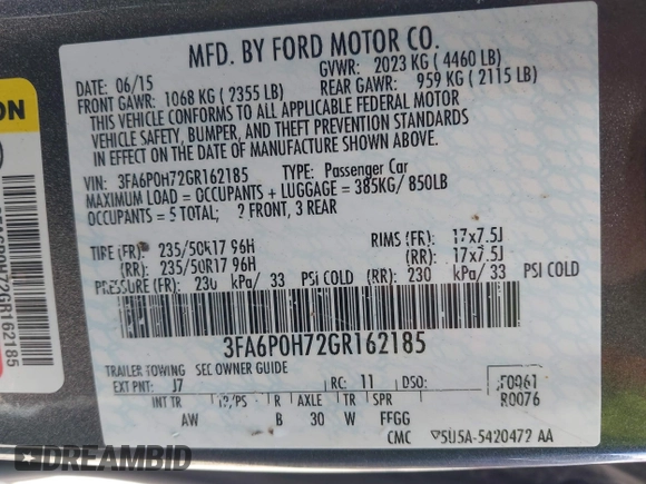 2016 Ford Fusion SE with VIN 3FA6P0H72GR162185, listed as a IAAI auction lot 42171928 with 122,848 mi miles and . Bid and sale history available at carsss.com. Image 9.