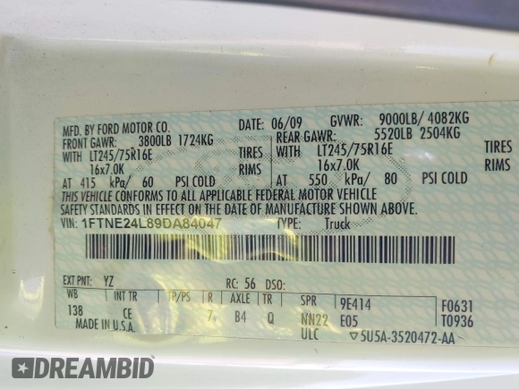 2009 Ford Econoline Cargo with VIN 1FTNE24L89DA84047, listed as a IAAI auction lot 41650399 with 248,505 mi miles and . Bid and sale history available at carsss.com. Image 9.
