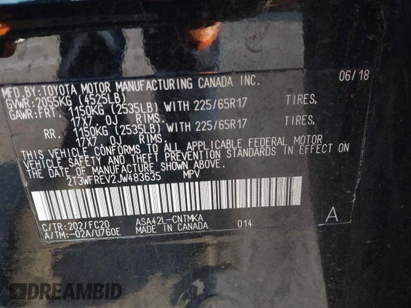 2018 Toyota RAV4 XLE with VIN 2T3WFREV2JW483635, listed as a IAAI auction lot 41856177 with 94,710 mi miles. Bid and sale history available at carsss.com. Image 9.