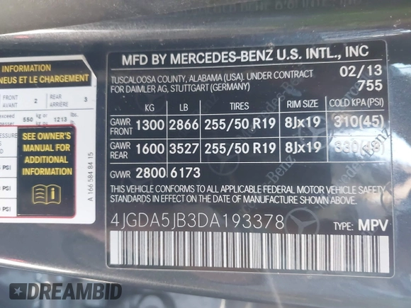 2013 Mercedes-Benz M 350 with VIN 4JGDA5JB3DA193378, listed as a IAAI auction lot 41806370 with 144,744 mi miles and . Bid and sale history available at DreamBid. Image 9.
