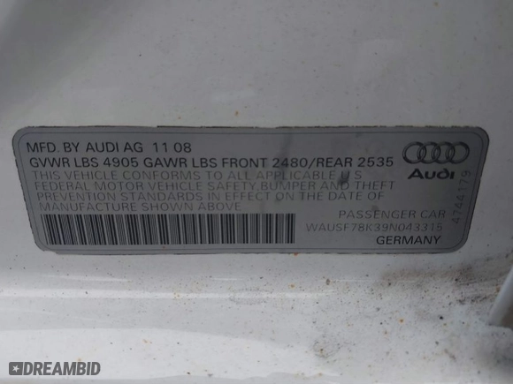 2009 Audi A4 2.0T Prem Plus with VIN WAUSF78K39N043315, listed as a IAAI auction lot 40697780 with 196,457 mi miles. Bid and sale history available at carsss.com. Image 9.