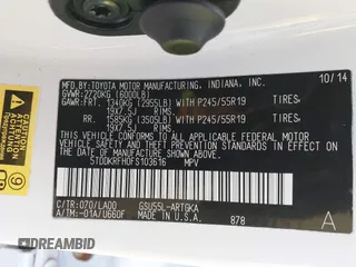 2015 Toyota Highlander Limited z VIN 5TDDKRFH0FS103616, wystawiony jako IAAI lot #41791228 z przebiegiem 132 288 mil mil oraz . Historia ofert i sprzedaży dostępna na DreamBid. Obrazek 9.