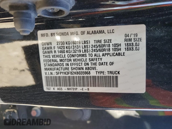 2019 Honda Ridgeline Black Edition with VIN 5FPYK3F82KB035968, listed as a Copart auction lot 84015004 with 123,427 mi miles and Salvage title. Bid and sale history available at DreamBid. Image 13.