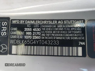 2000 Mercedes-Benz CLK 320/430 with VIN WDBLK65G4YT043233, listed as a Copart auction lot 85866174 with 134,655 mi miles and Clean Title. Bid and sale history available at DreamBid. Image 12.