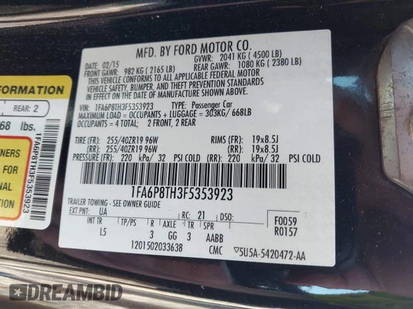 2015 Ford Mustang EcoBoost z VIN 1FA6P8TH3F5353923, wystawiony jako IAAI lot #42182603 z przebiegiem 86 599 mil mil oraz . Historia ofert i sprzedaży dostępna na DreamBid. Obrazek 9.