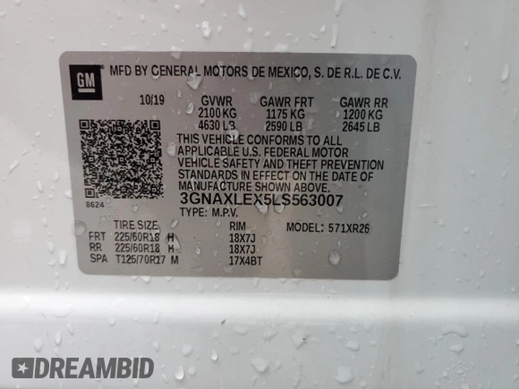 2020 Chevrolet Equinox LT with VIN 3GNAXLEX5LS563007, listed as a Copart auction lot 82023774 with 29,618 mi miles and Salvage Title. Bid and sale history available at carsss.com. Image 13.